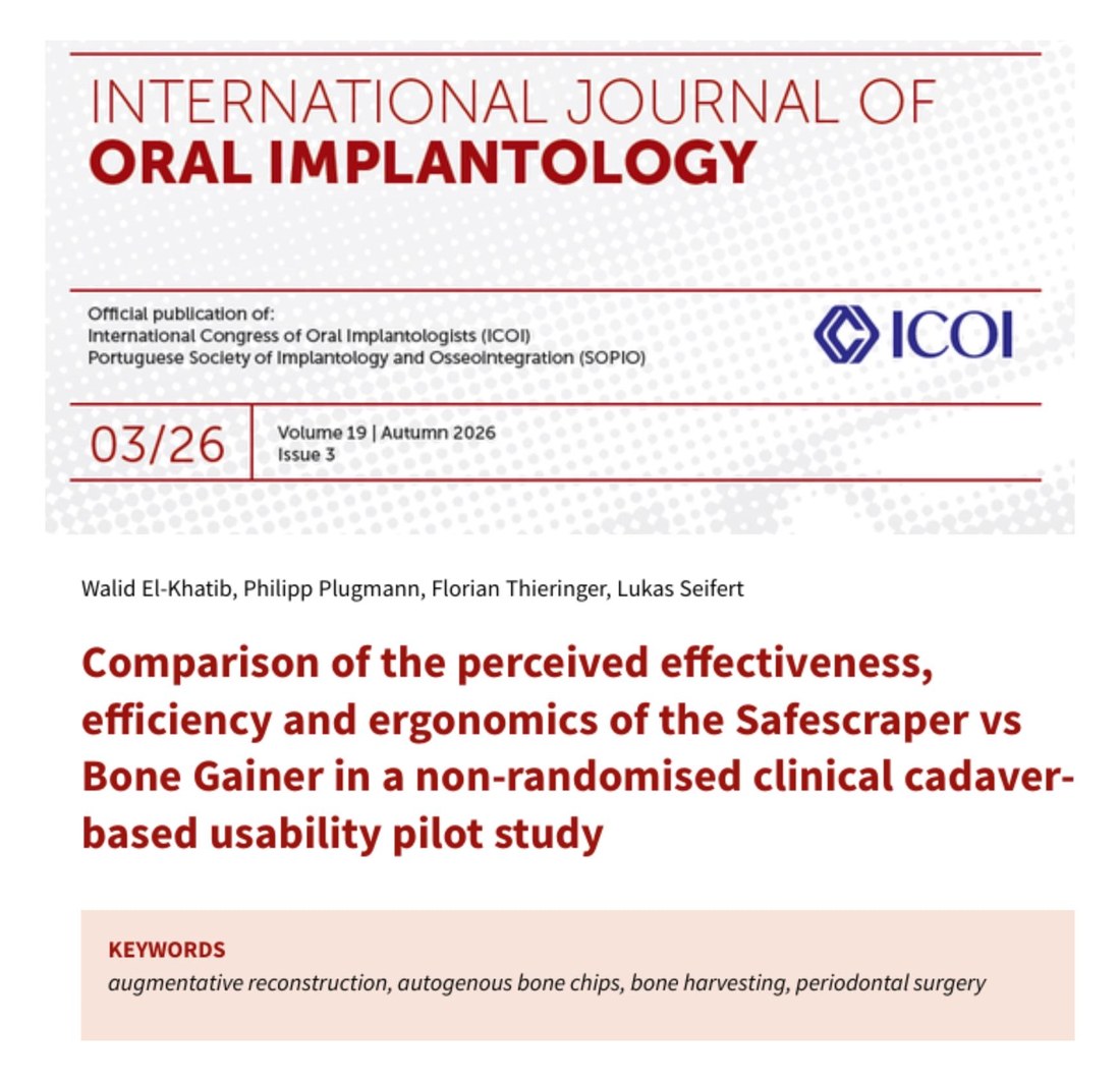 International Journal of Oral Implantology 3/2026 — first page of the article on the Safescraper vs Bone Gainer comparison